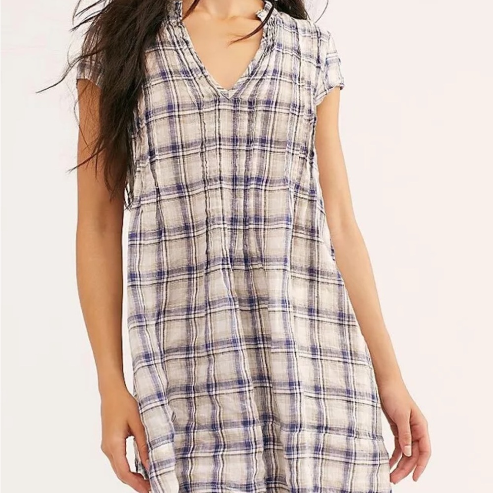 Free People CP shades mini Dress Plaid Sz S 100% linen Lagenlook cottage core